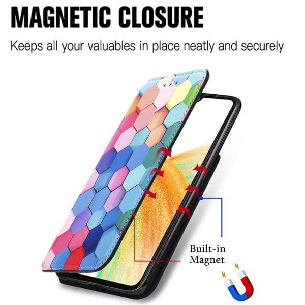 CaseNeo For Samsung Galaxy A33 5G Leather Wallet Flip Case With RFID Blocking Credit Card Holder Slots Cover - Colored Squares CaseNeo For Samsung Galaxy A33 5G Leather Wallet Flip Case With RFID Blocking Credit Card Holder Slots Cover - Colored Squares